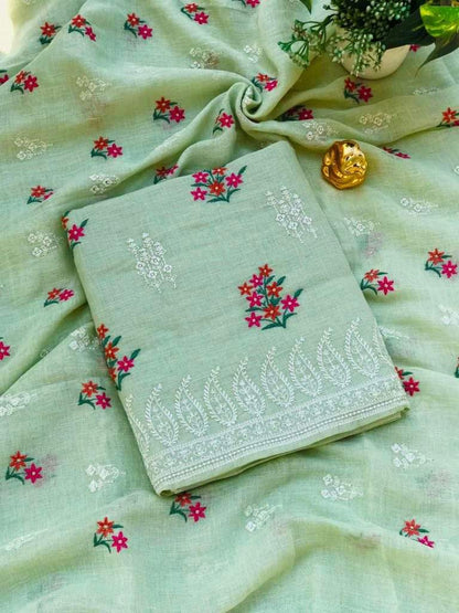 BHAGALPURI COTTON LINEN EMBROIDERY UNSTITCHED SUIT.