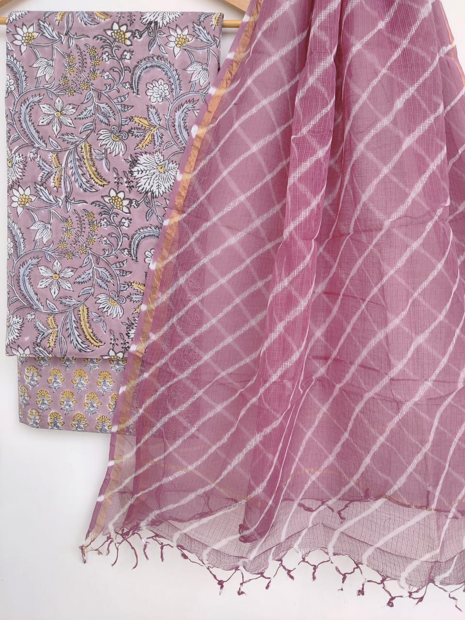 Pure Cotton Hand Block Printed Unstitched Suits with Kota doriya Dupatta.