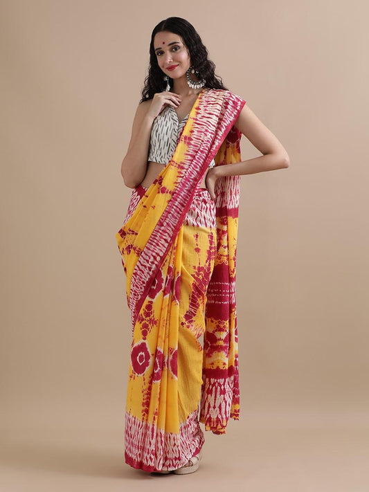 Pure Mulmul Cotton Hand Block Printed Saree With Running Blouse.