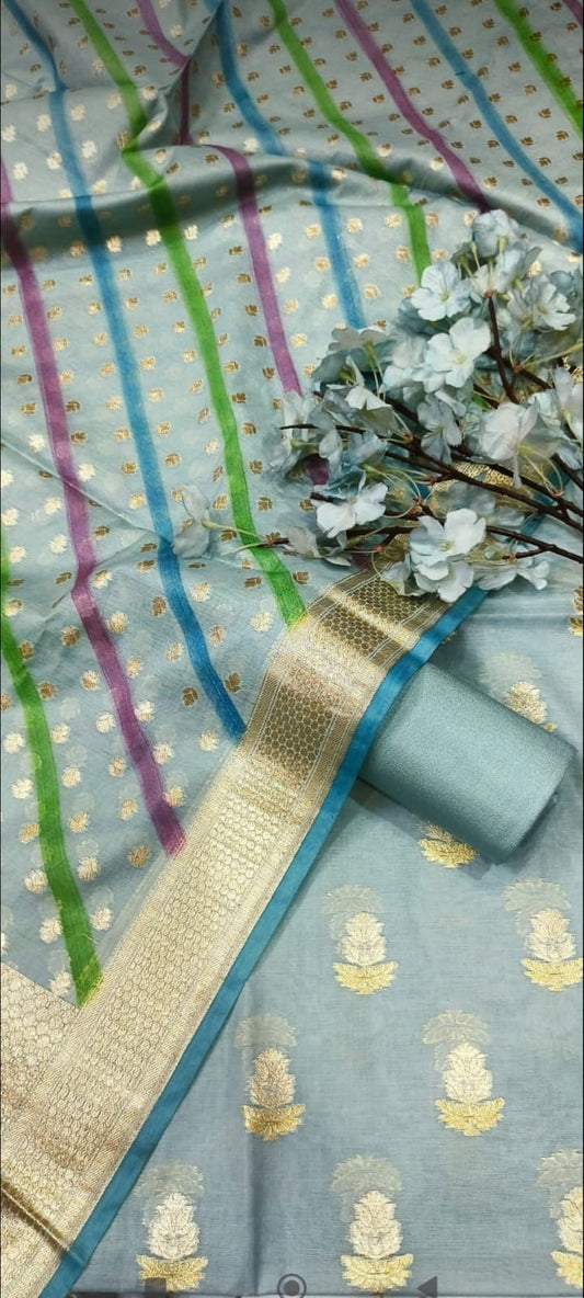 Pure Banarasi Chanderi Silk Unstitched Suit With  lurex weaved with hand brush dye Dupatta