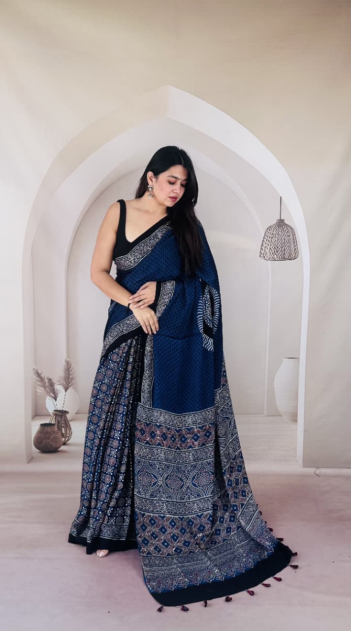 Pure Modal Silk Ajrakh Hand-block Printed Saree.