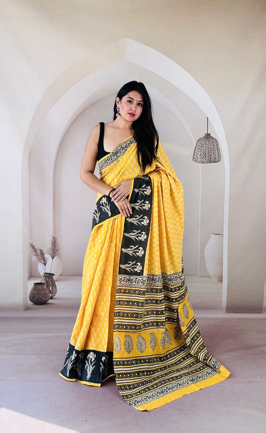 Pure Mulmul Cotton Hand Block Printed Saree With Running Blouse.
