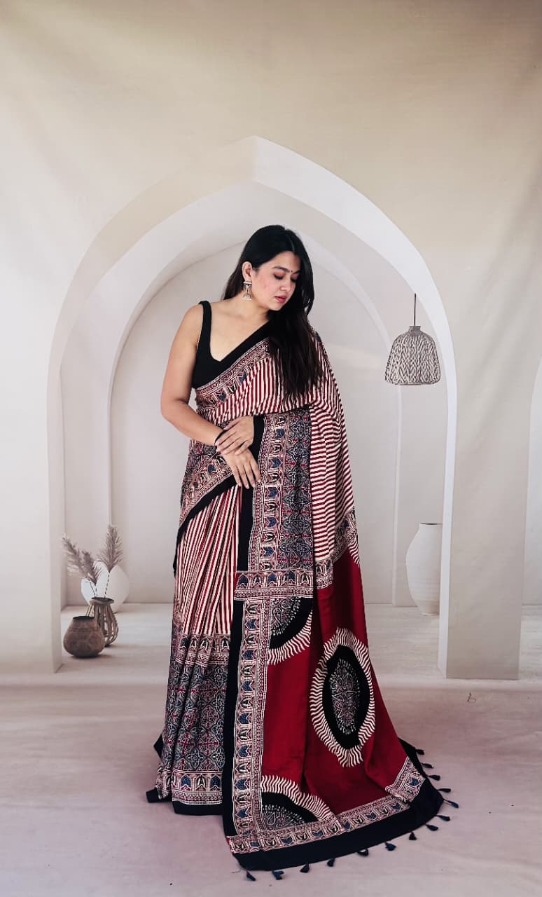 Pure Modal Silk Ajrakh Hand-block Printed Saree.