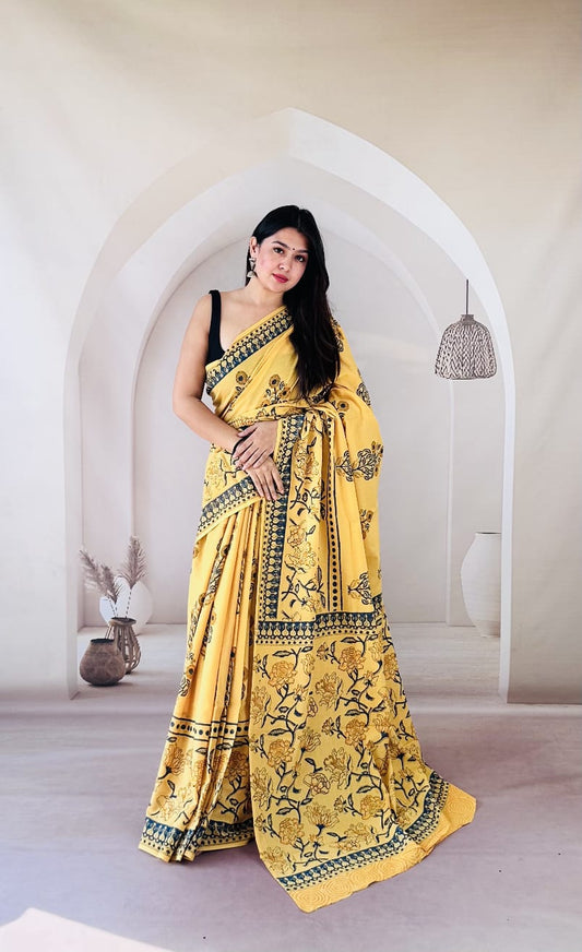 Pure Mulmul Cotton Hand Block Printed Saree With Running Blouse.