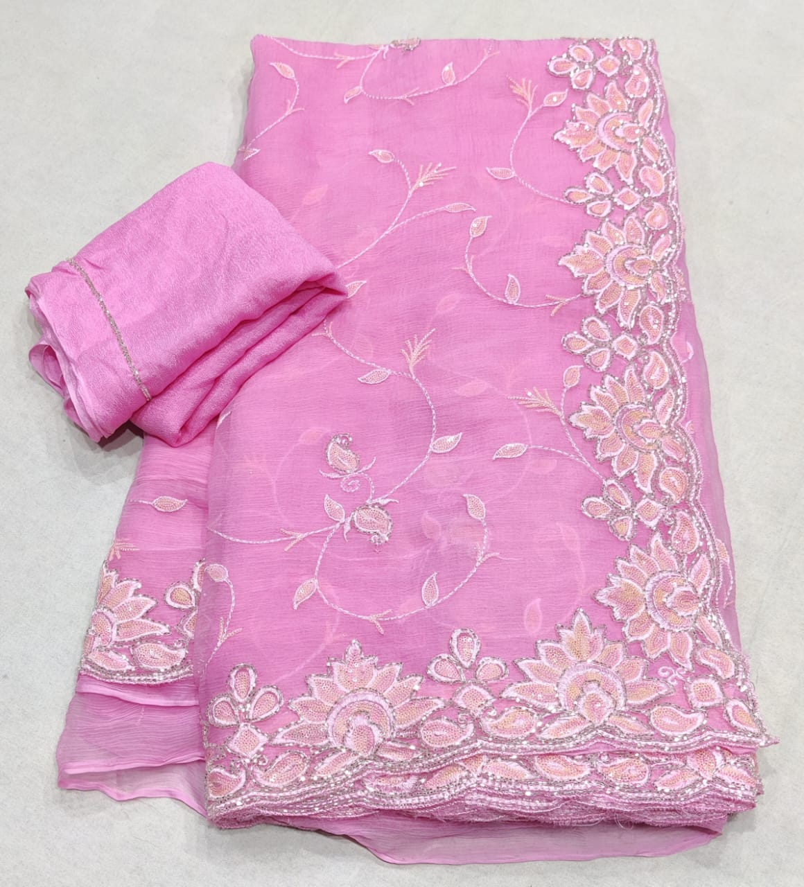 Beautiful Pure Diamond Chiffon Hand Work Saree