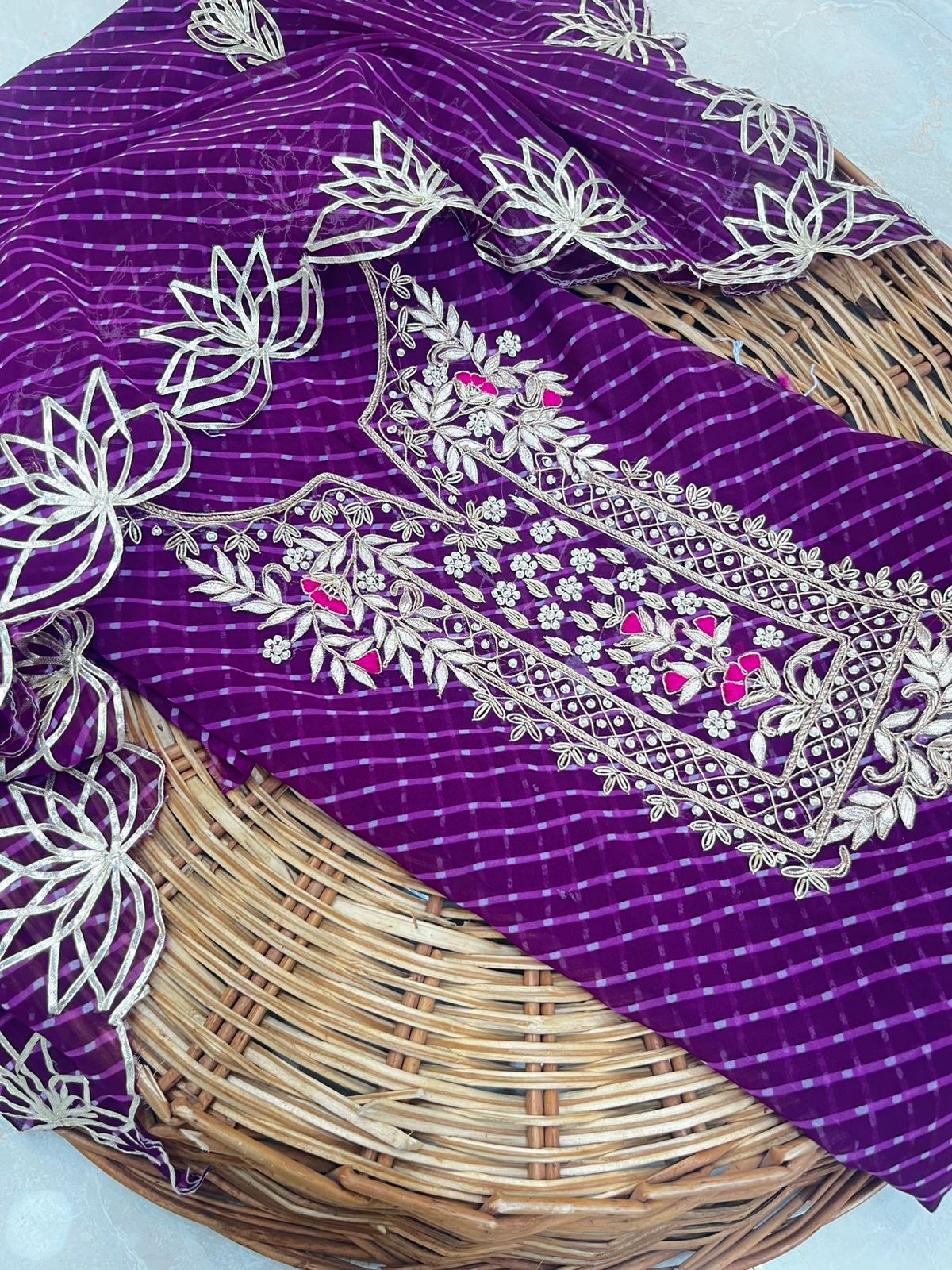 Georgette Gota pati Hand Work Unstitched Suit With Dupata.