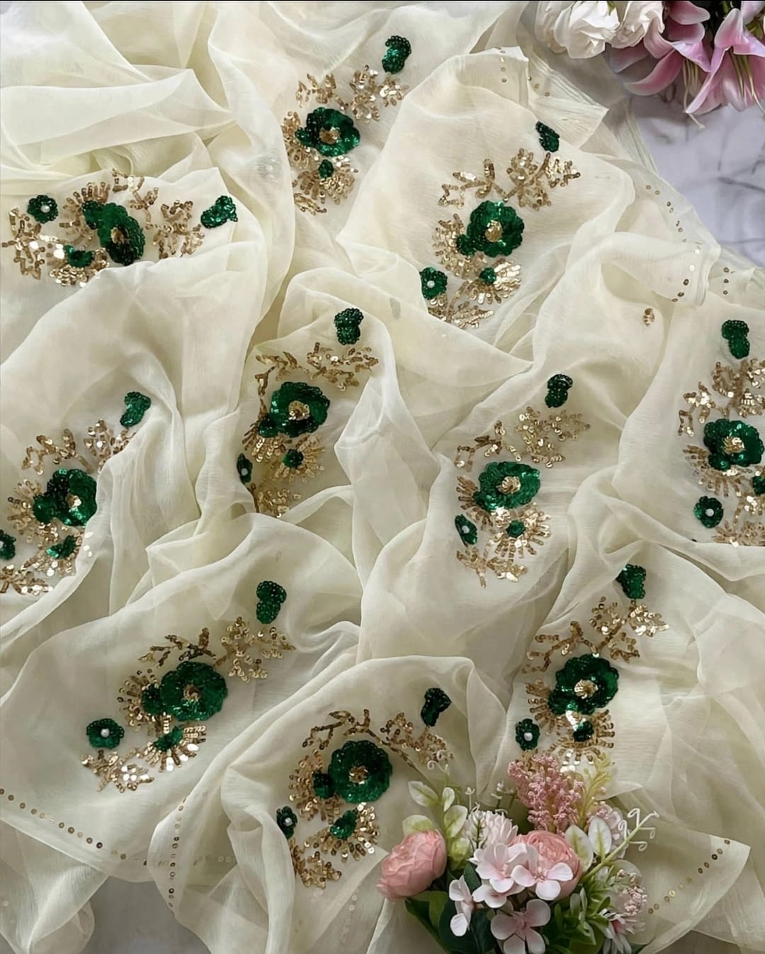Pure Diamond Chiffon Hand Work Saree.