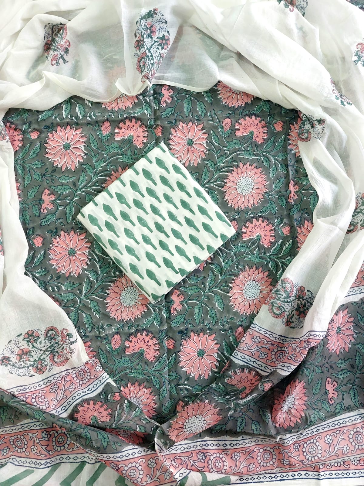 Traditional Hand block Printed Pure Cotton suits with Mulmul Dupatta.