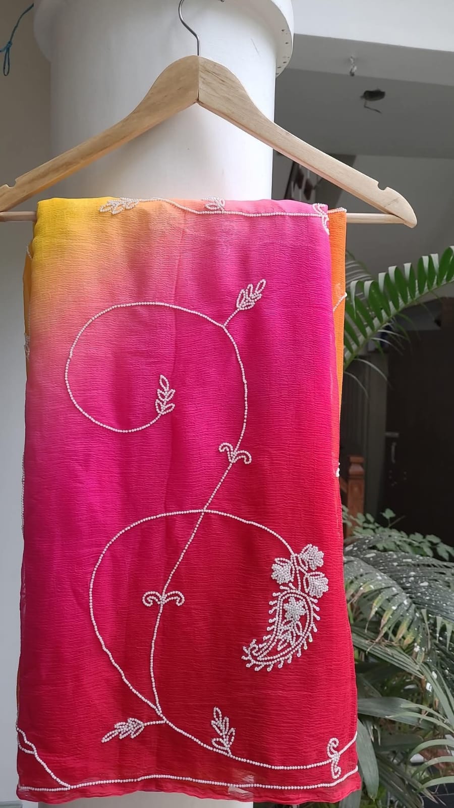 PURE DAIMOND CHIFFON MOTI WORK SAREE.