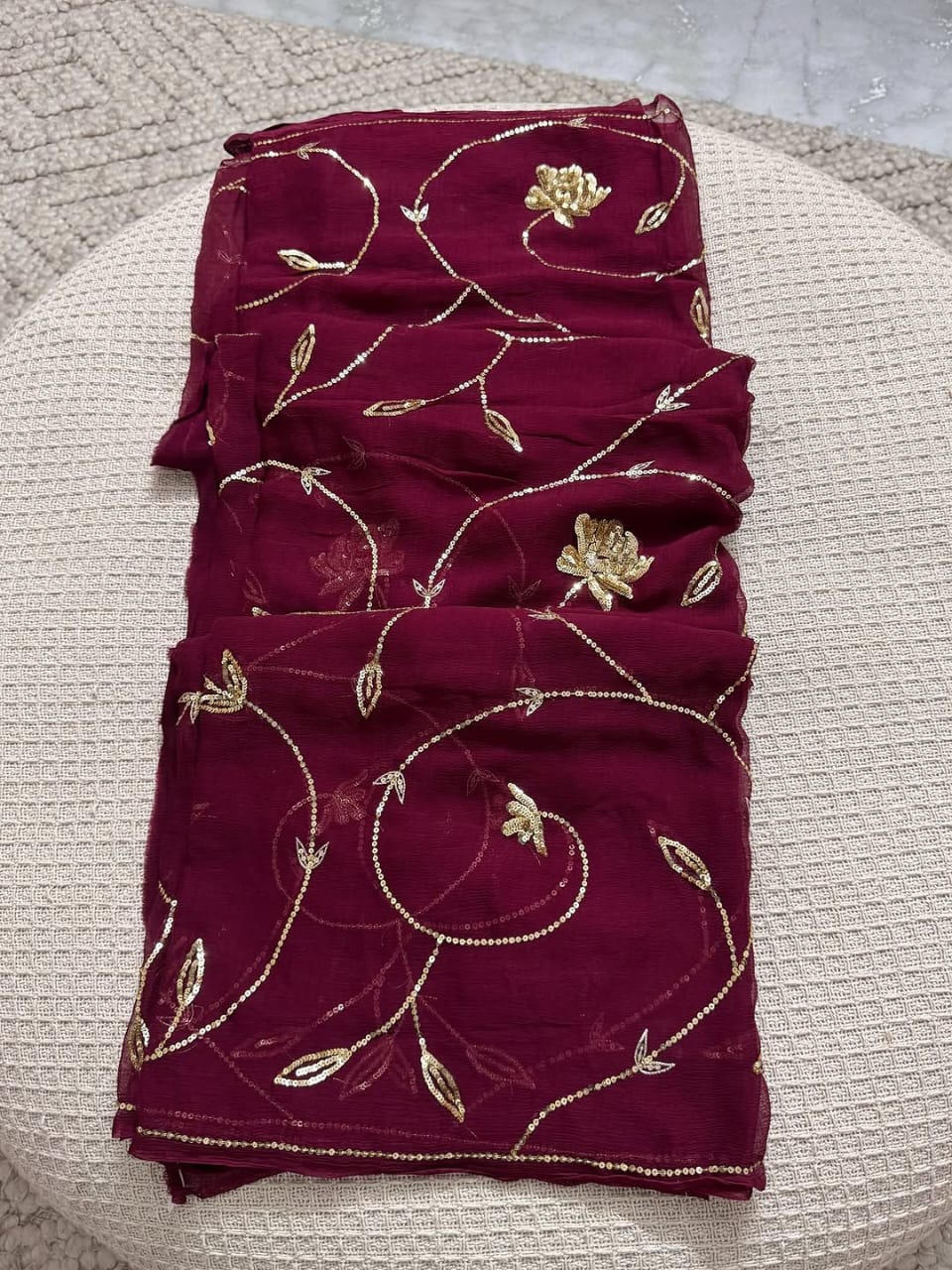 Pure Diamond Chiffon Hand Work Saree With Blouse.