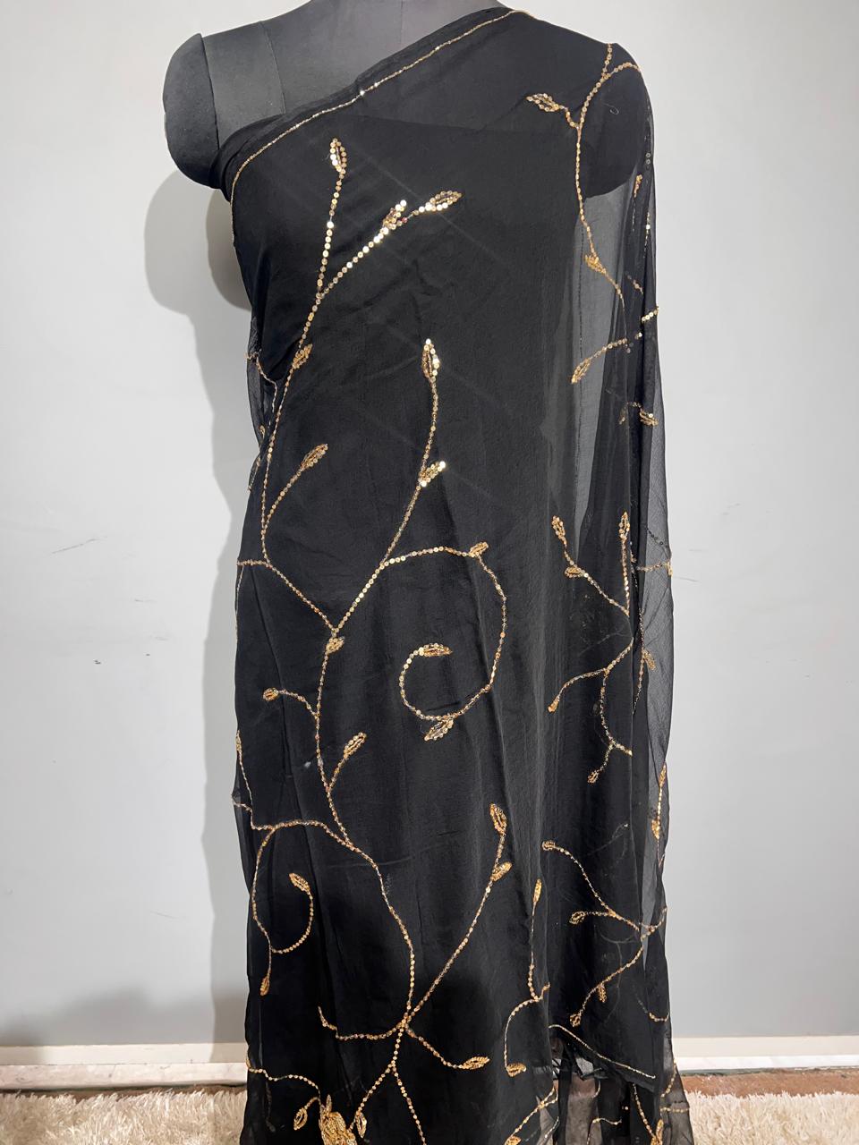 Black Color Pure Diamond Chiffon Beautiful Sequence Work Saree