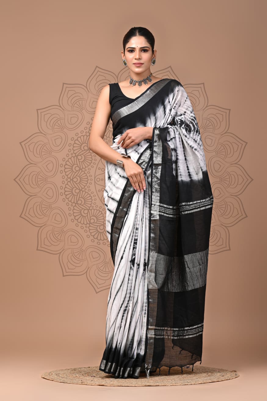 Pure Cotton Linen Hand Block Printed Saree with Blouse.