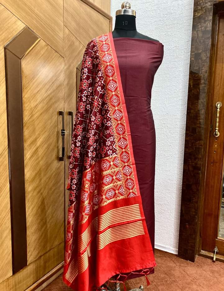 Banarasi Plain Silk Unstitched Suit with Patola Silk Dupatta