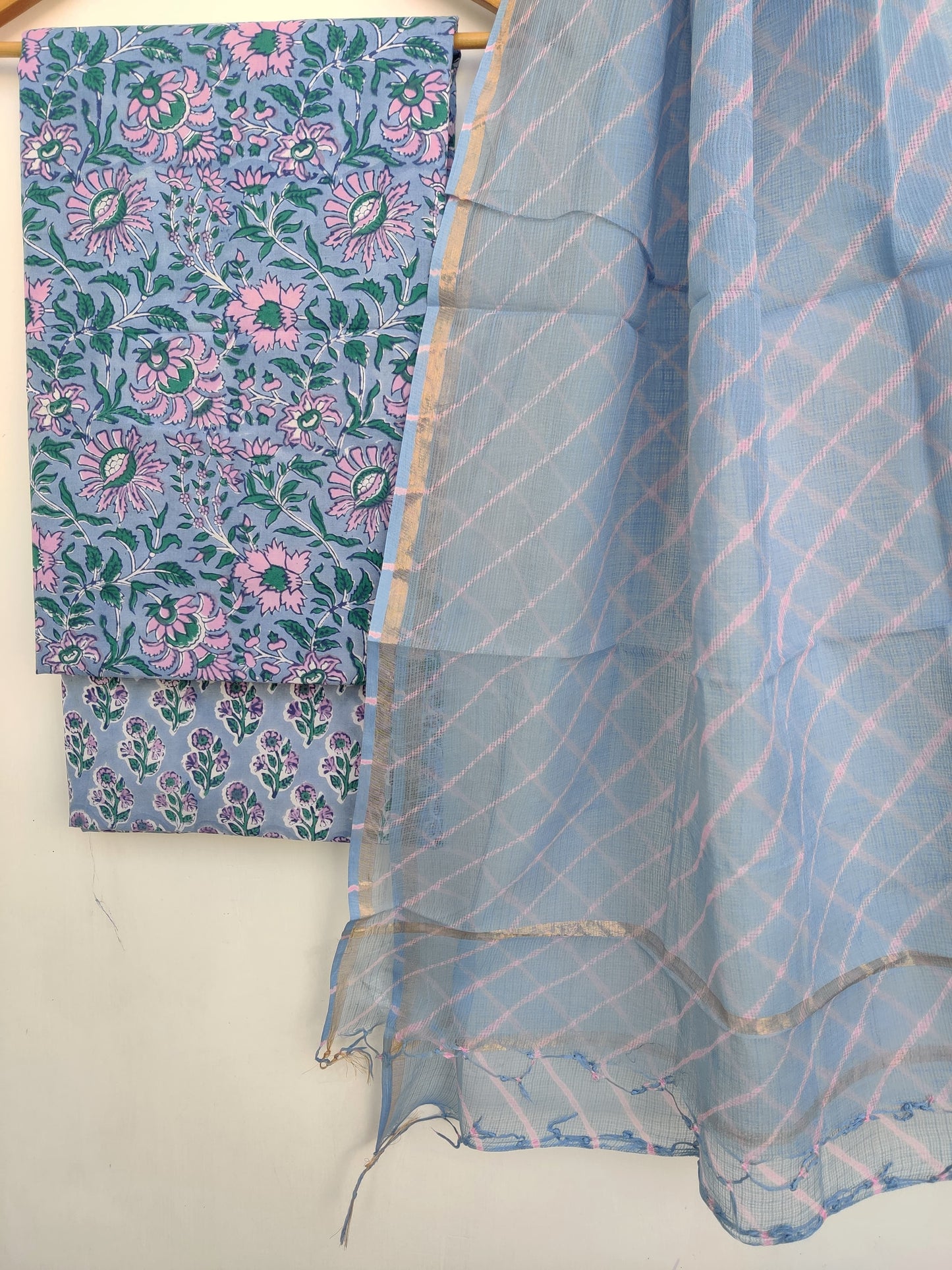 Pure Cotton Hand Block Printed Unstitched Suits with Kota doriya Dupatta.