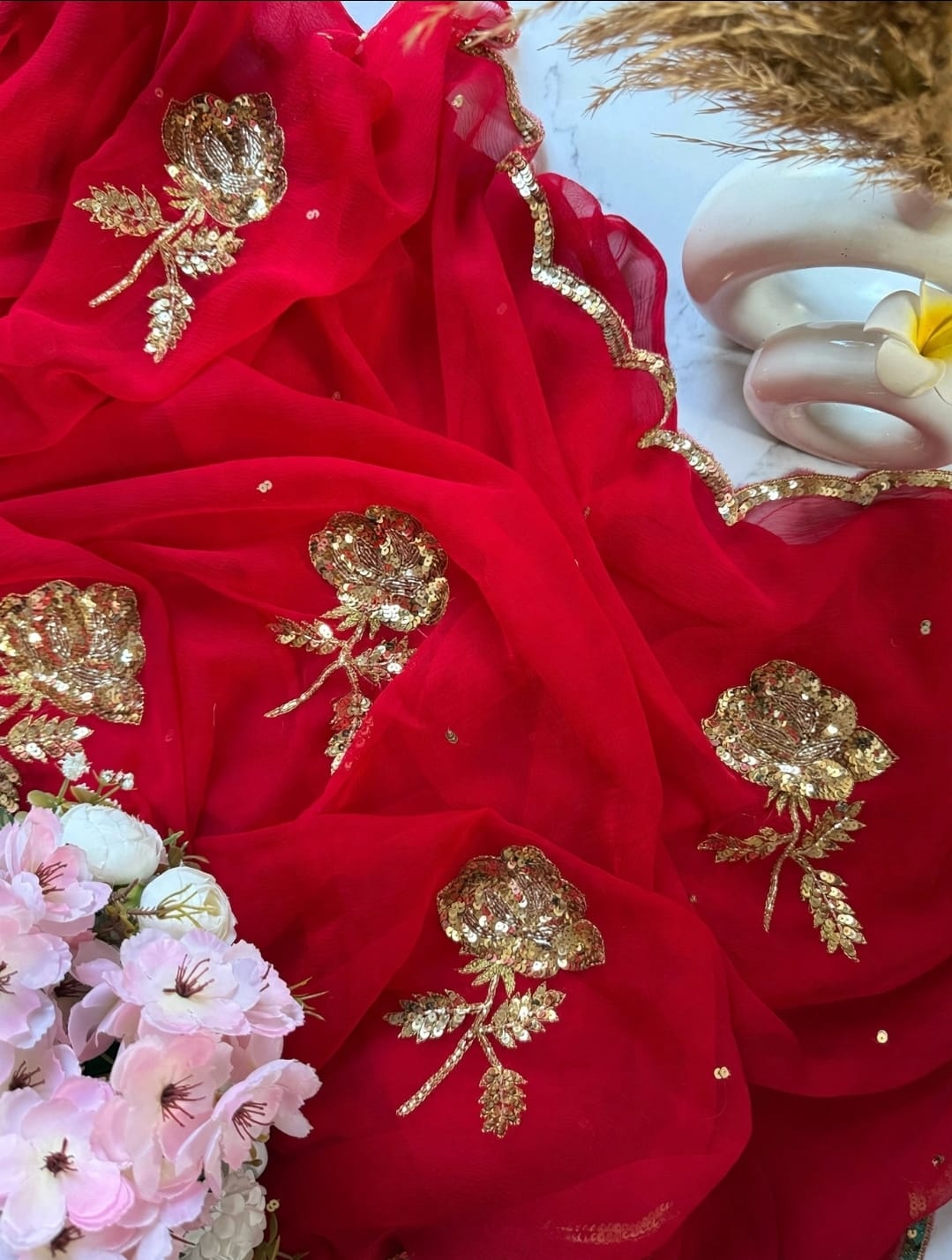 Pure Diamond Chiffon Hand Work Saree.