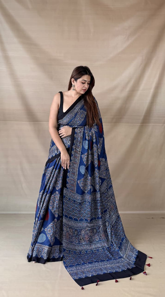Pure Modal Silk Ajrakh Hand-block Printed Saree.