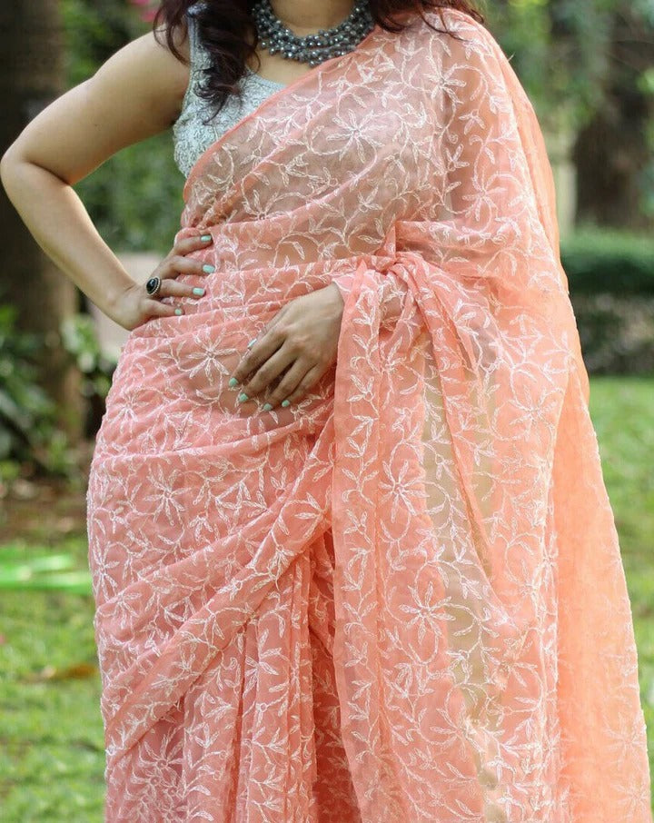 Lucknowi Tepchi Jaal Work Saree
