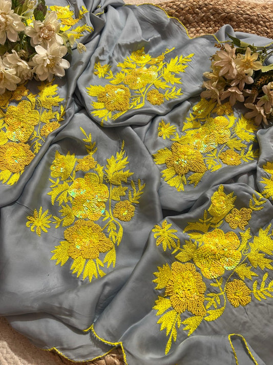 Gray Color Pure Diamond Chiffon sequence Hand Work Saree.