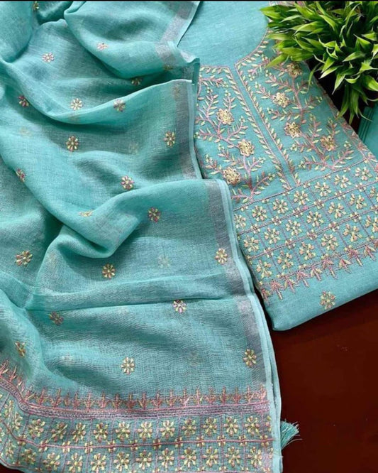 BHAGALPURI COTTON LINEN EMBROIDERY UNSTITCHED SUIT.