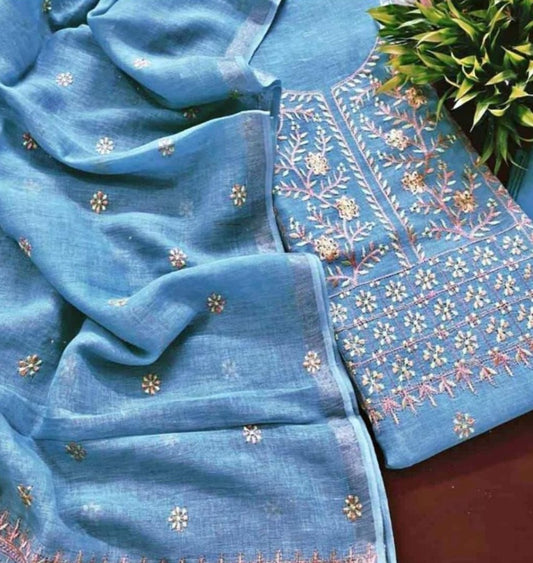 BHAGALPURI COTTON LINEN EMBROIDERY UNSTITCHED SUIT.