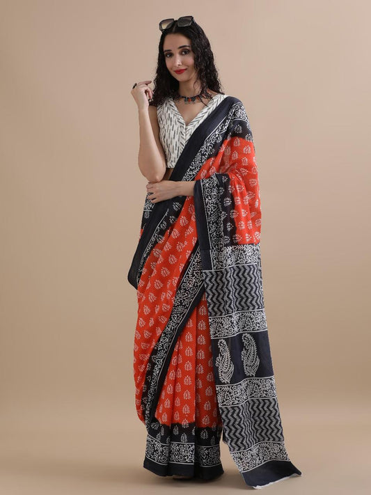 Pure Mulmul Cotton Hand Block Printed Saree With Running Blouse.