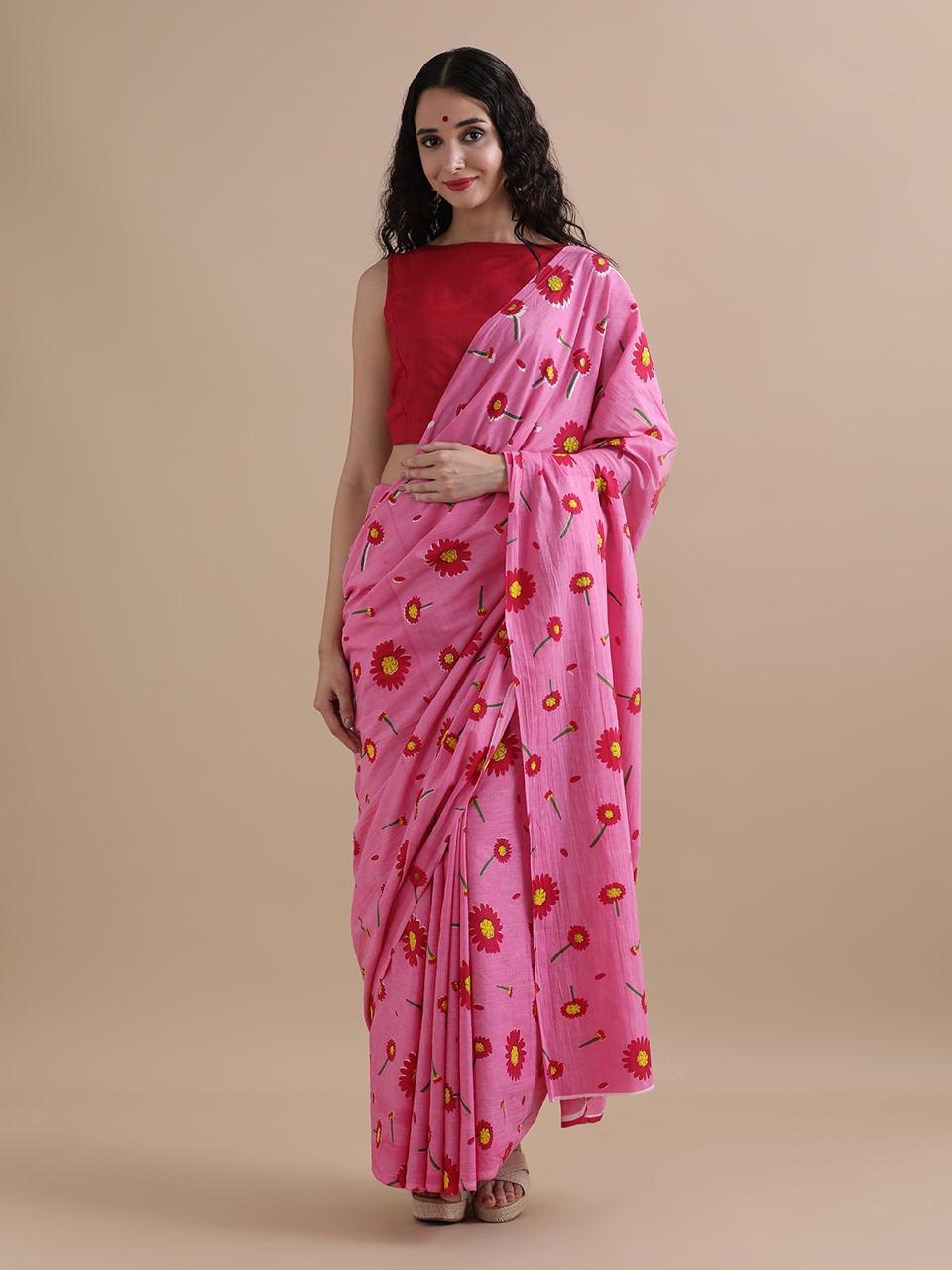 Pure Mulmul Cotton Hand Block Printed Saree With Running Blouse.