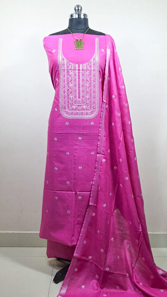BHAGALPURI COTTON LINEN EMBROIDERY UNSTITCHED SUIT.