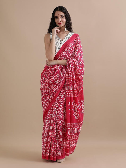 Pure Mulmul Cotton Hand Block Printed Saree With Running Blouse.