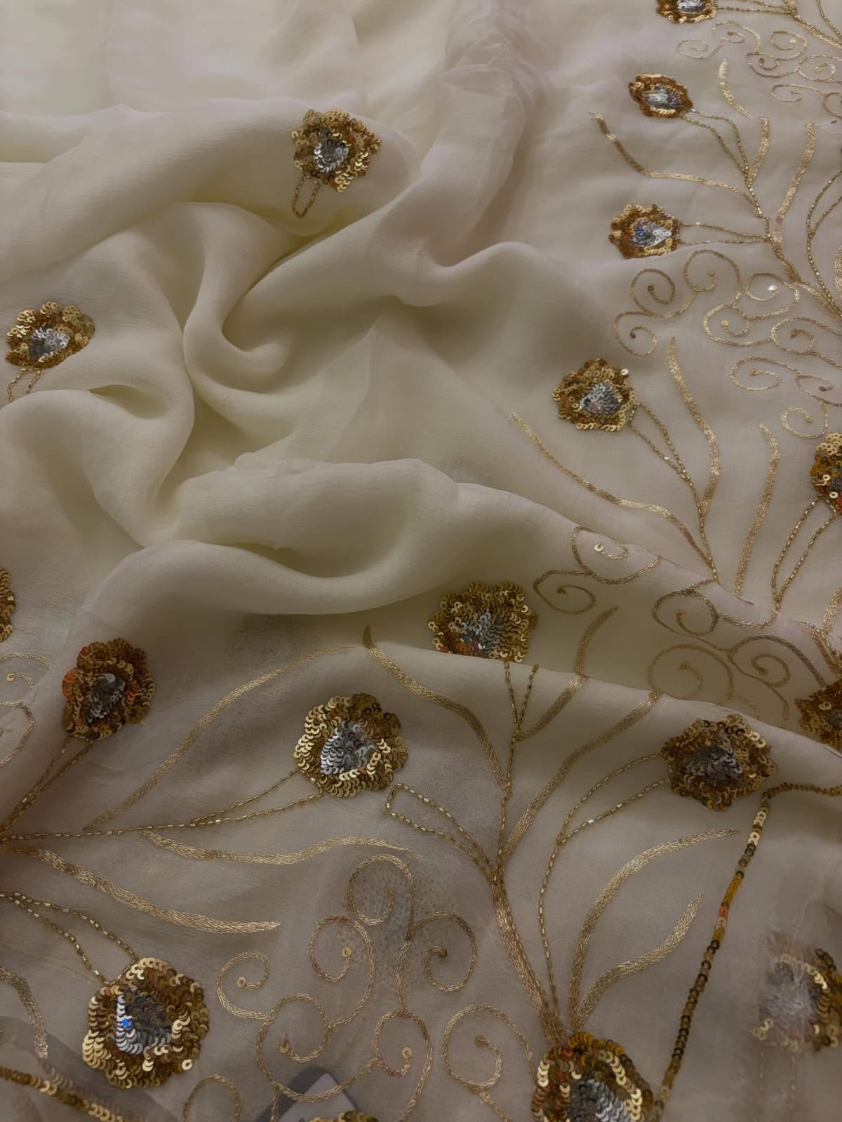 Pure Diamond Chiffon Hand Work Saree.