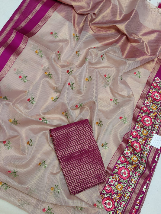 Beautiful Tissue Kota Doria Embroidery Work Saree