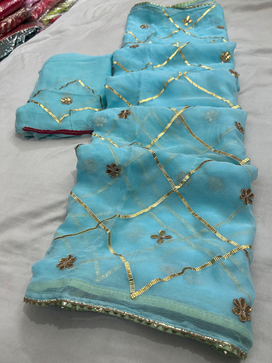 Pure Dimond Chiffon Gota Jaal Saree Blouse.