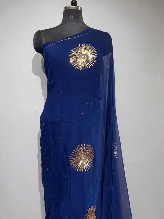 Blue Color Pure Diamond Chiffon sequence Hand Work Saree.