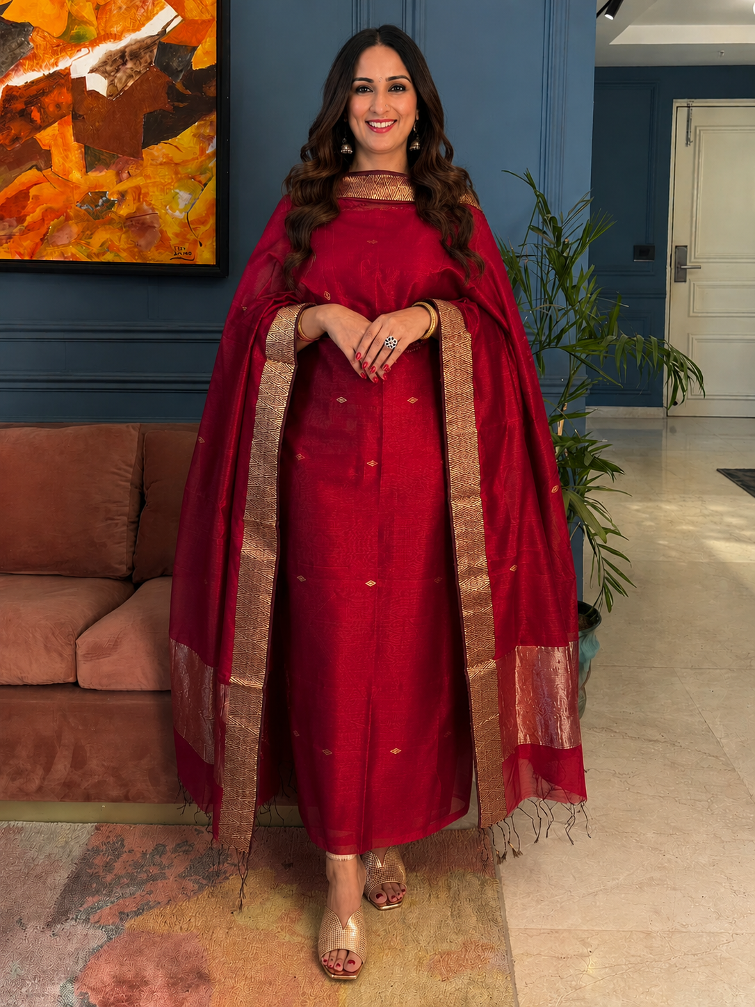 Pure Maheswari Silk Cotton Handwoven Unstitch Suit.