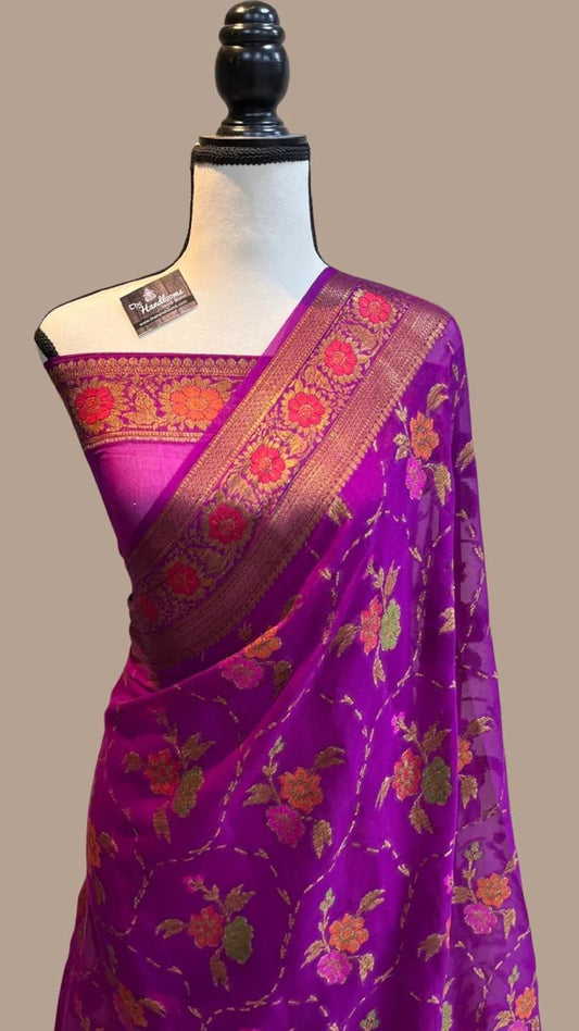 Pure Handloom Khaddi Chiffon Georgette Saree With Zari Weaving Blouse