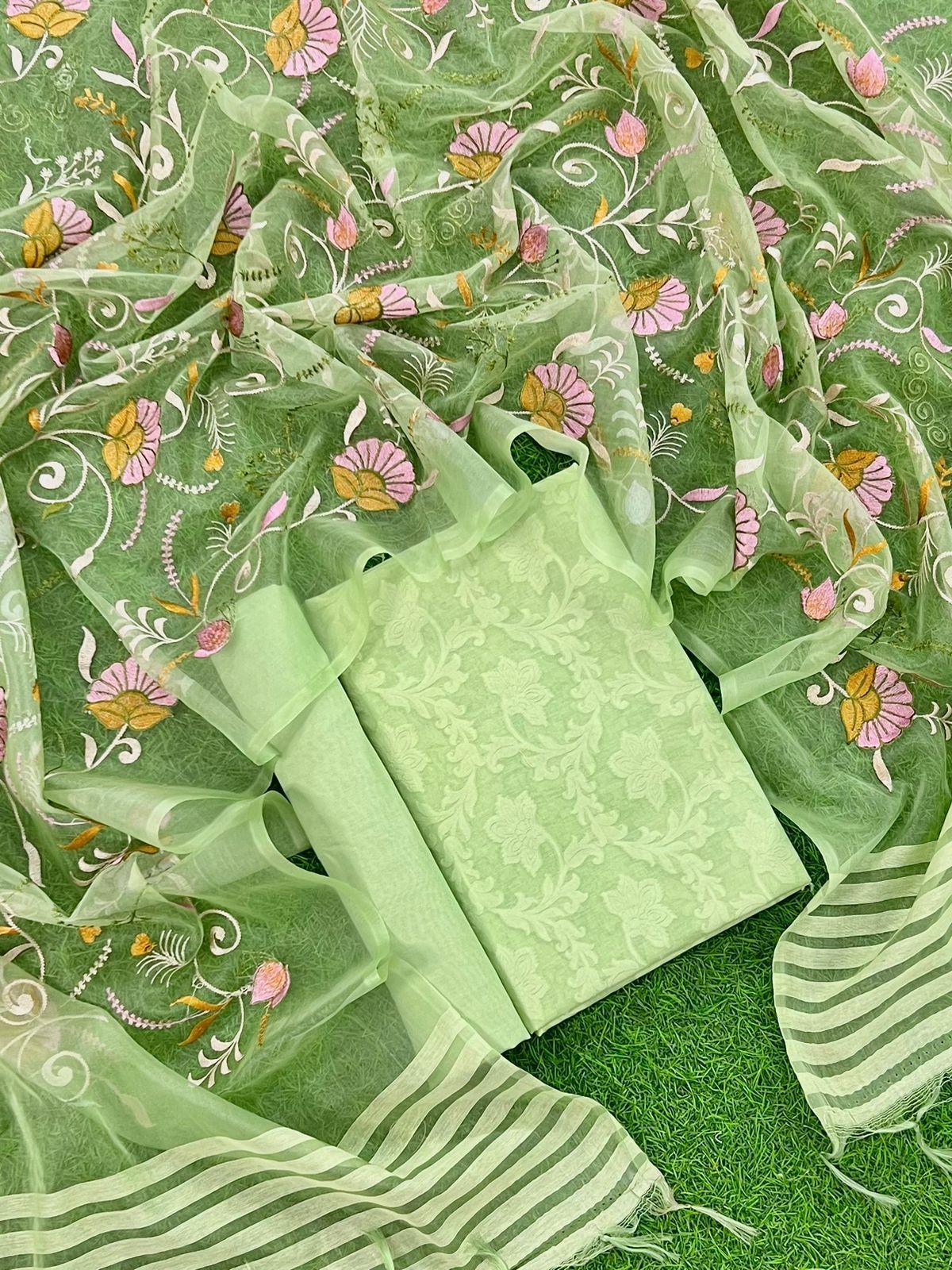 Banarasi Chanderi Unstitched Suit Organza Multi thread Embroidery Dupatta