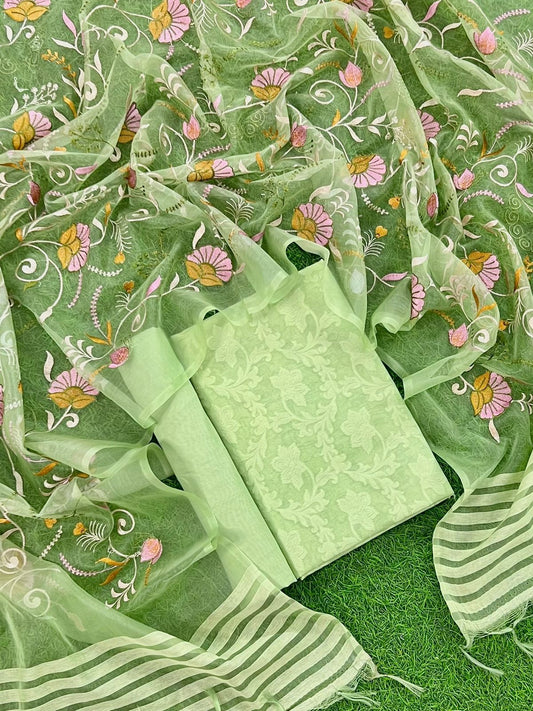 Banarasi Chanderi Unstitched Suit Organza Multi thread Embroidery Dupatta