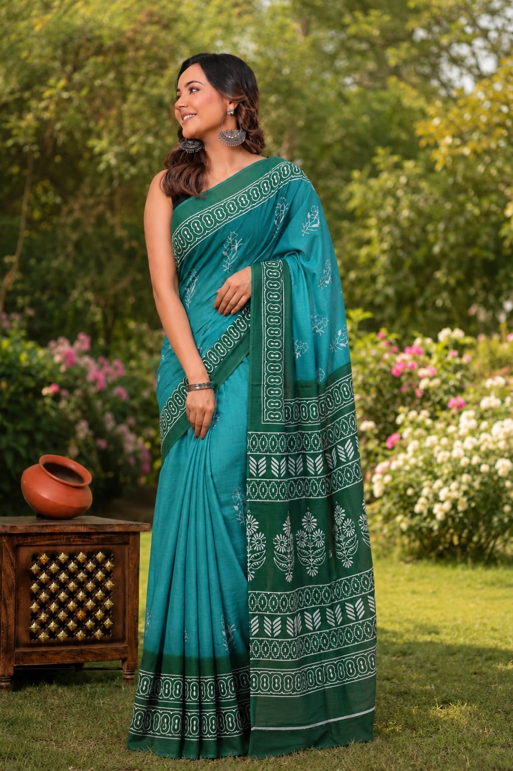 Pure Cotton Hand Block Printed Saree With Blouse.