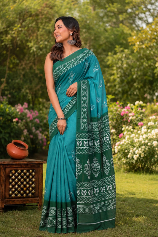 Pure Cotton Hand Block Printed Saree With Blouse.