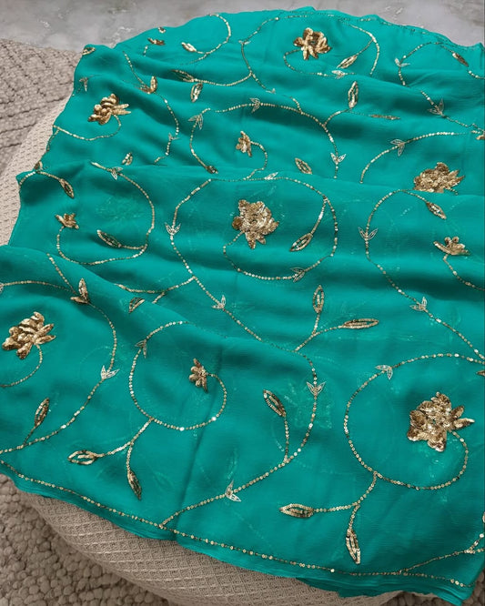 Pure Diamond Chiffon Hand Work Saree With Blouse.