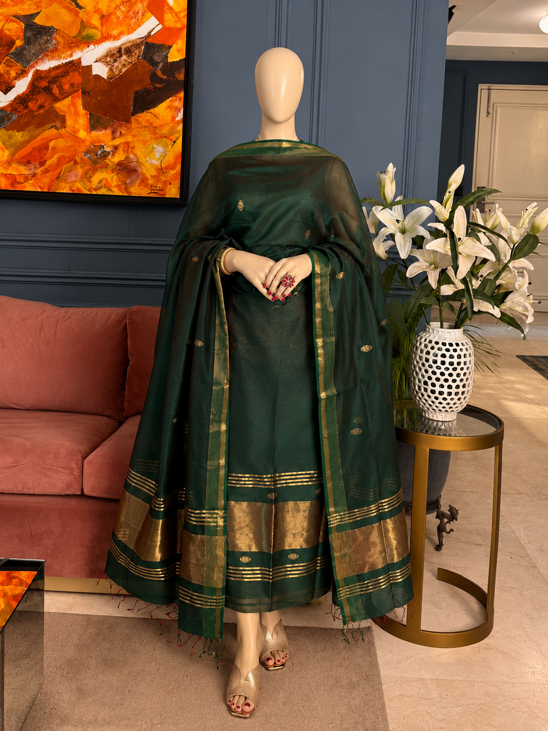 Pure Maheswari Silk Cotton Handwoven Unstitch Suit.