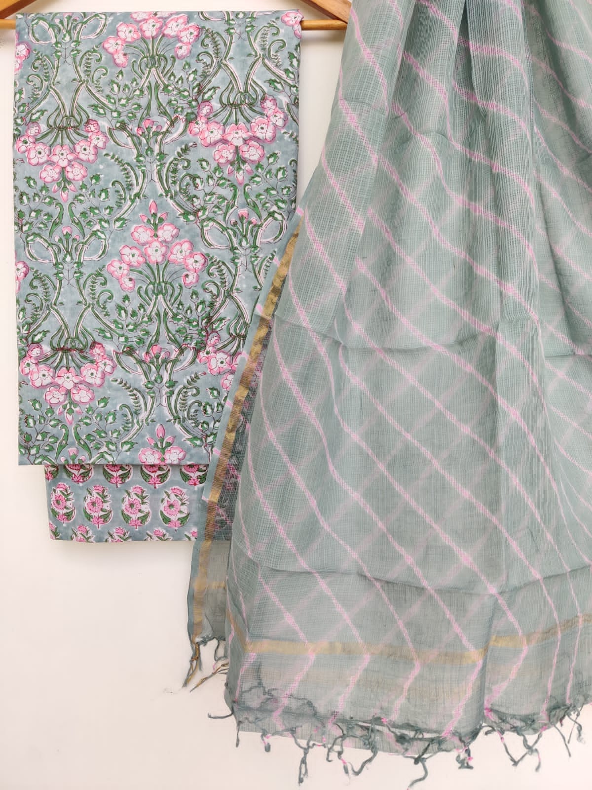 Pure Cotton Hand Block Printed Unstitched Suits with Kota doriya Dupatta.