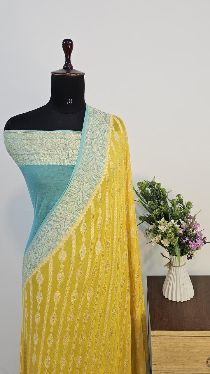 Pure Handloom Khaddi Georgette Saree Zari Work.