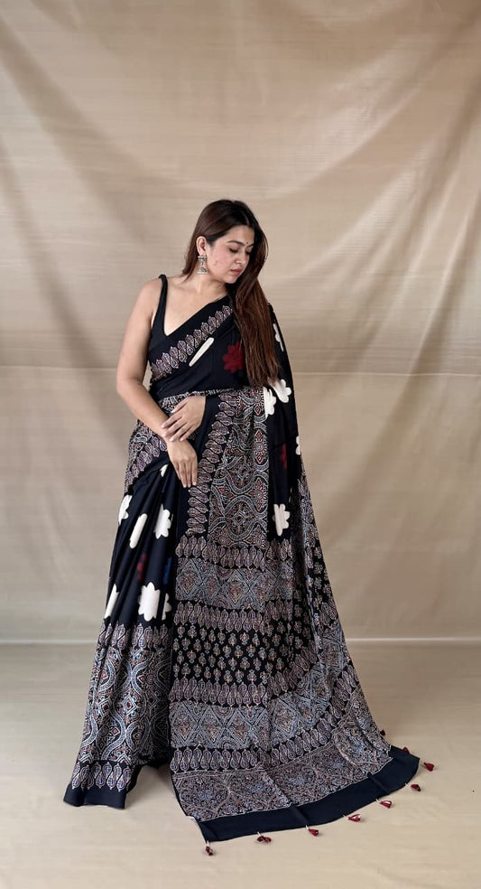 Pure Modal Silk Ajrakh Hand-block Printed Saree.
