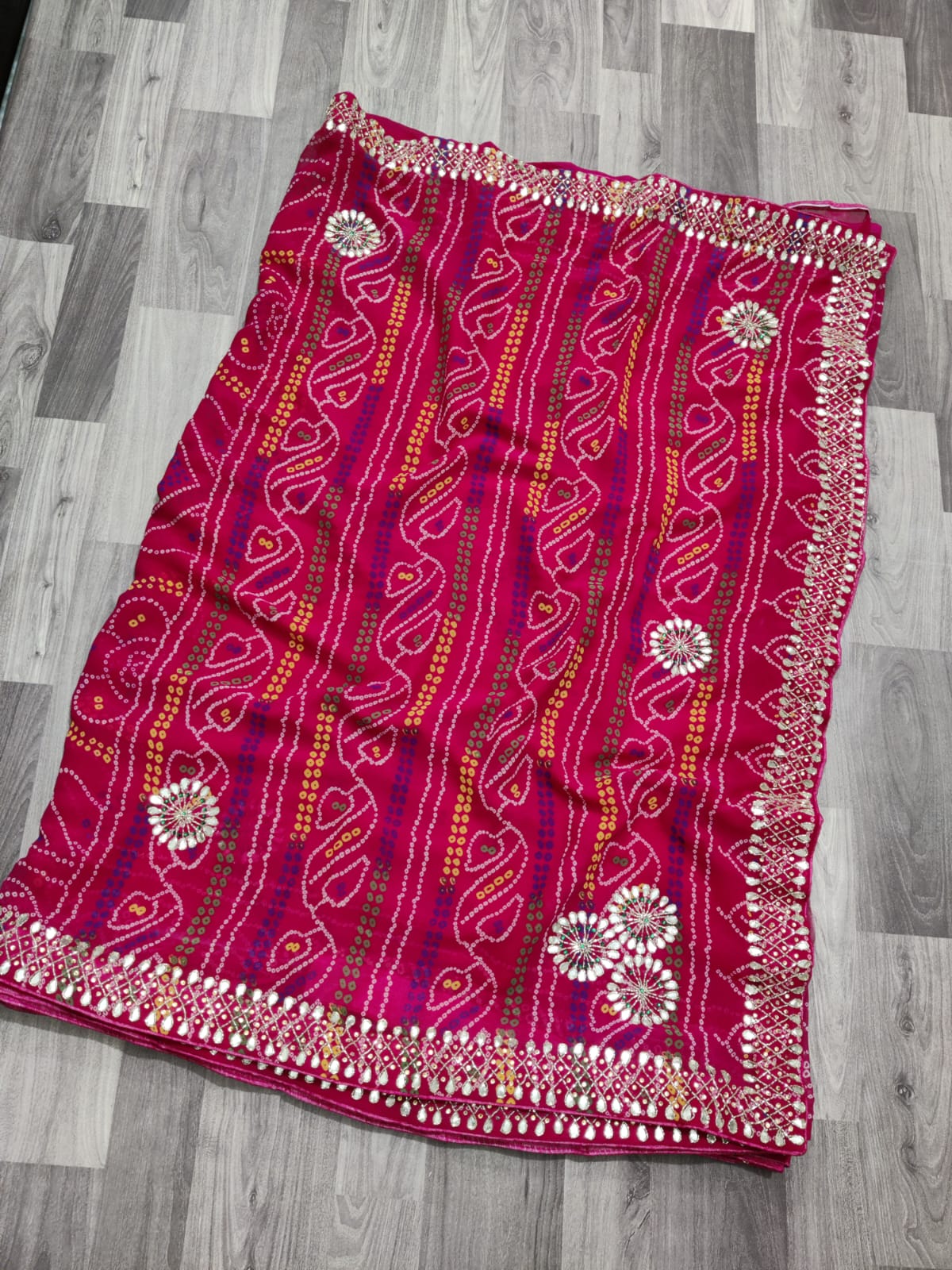 Pure Georgette Bandhej Gota Patti Work Saree