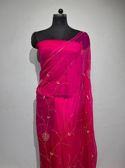 Beautiful Rose Pure Chiffon full kardana Jaal Work Saree