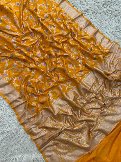 Banarasi Mashru Silk Allover Hand Brush dye Saree With Zari work.