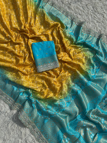 Banarasi Bandhej Silk Zari Work Saree With Blouse.