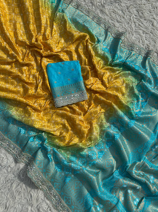 Banarasi Bandhej Silk Zari Work Saree With Blouse.