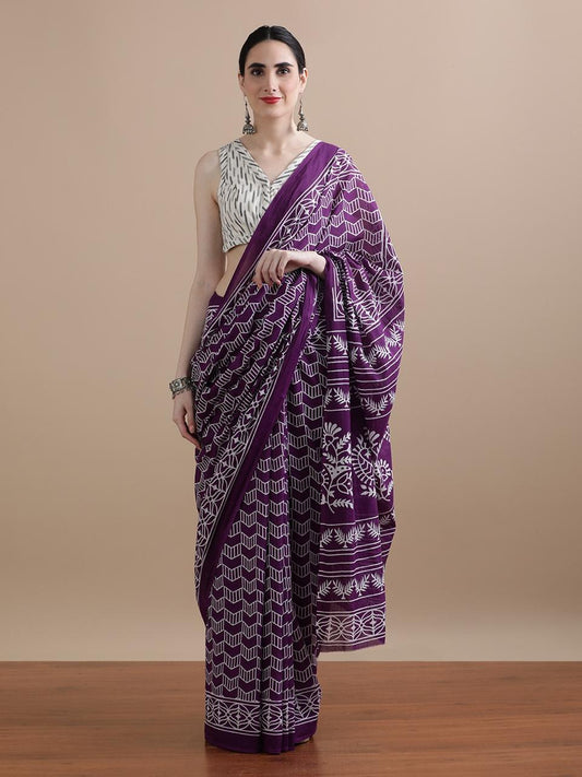 Pure Mulmul Cotton Hand Block Printed Saree With Running Blouse.