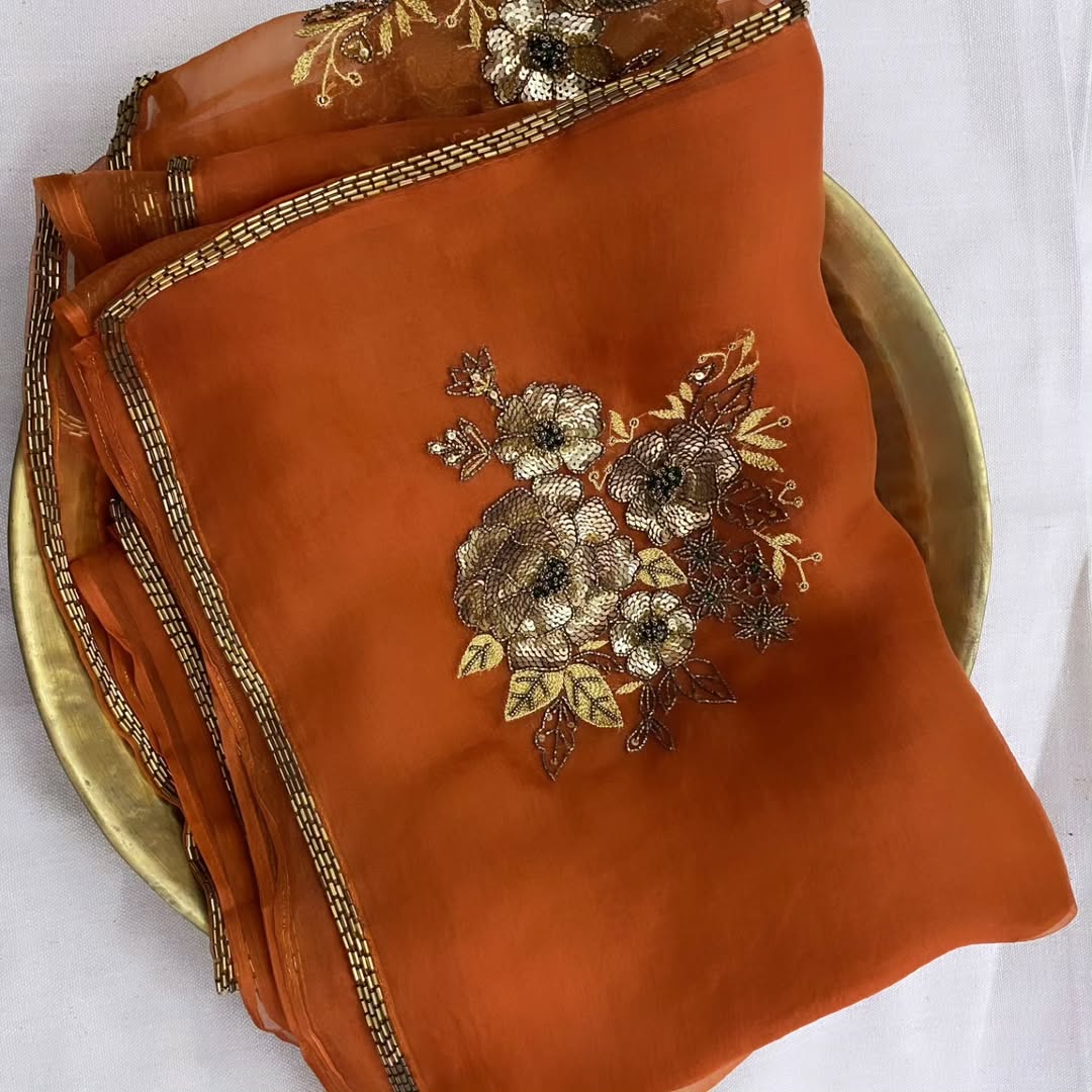 Pure Diamond Chiffon Catdana Hand Work Saree.